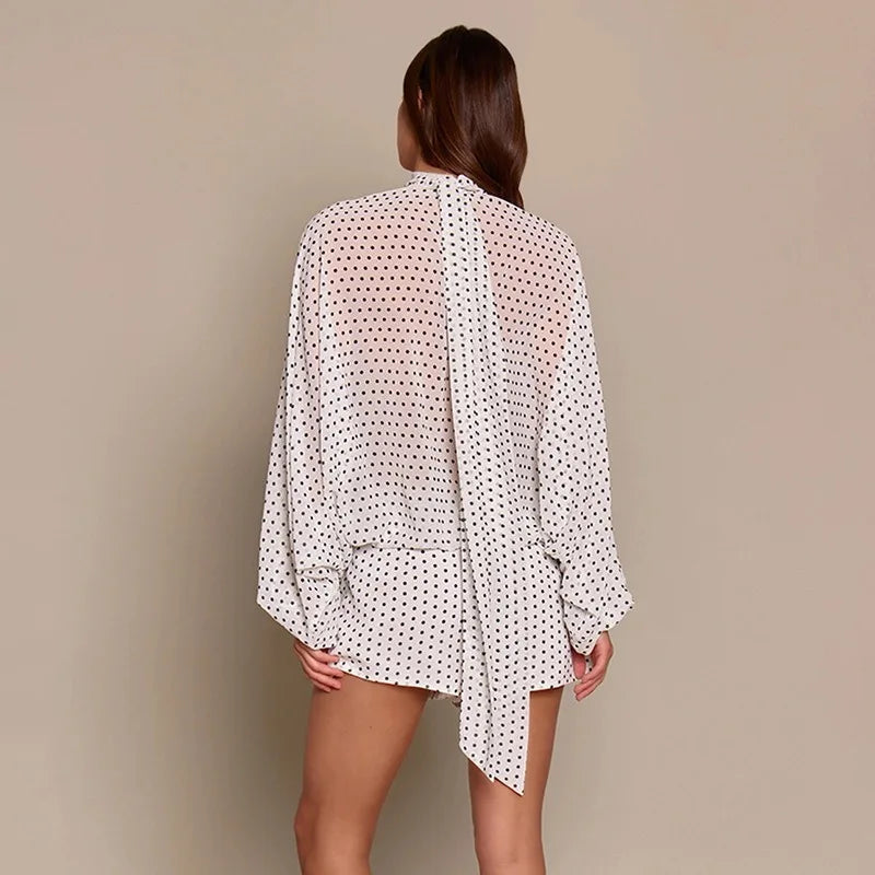 2 Piece Set White Chiffon Polka Dot Oversized Blouse and Shorts Co-ord Sets Elegant 2026 Fall Outfits Woman