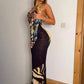 Women Butterfly Print Halter Maxi Dress Deep V Neck Bodycon Long Dress Sleeveless Backless Evening Party Club Dresses