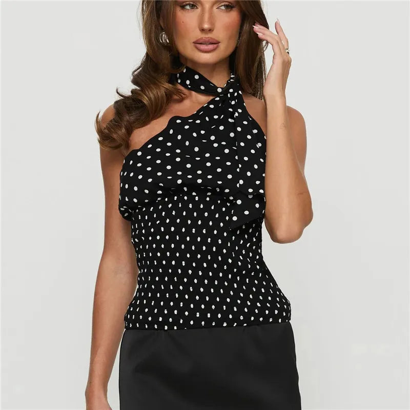 Women's Summer Halter Tops Casual Stylish Dots Print Slim Fit Backless Sleeveless Vest Going Out Vacation Streetwear