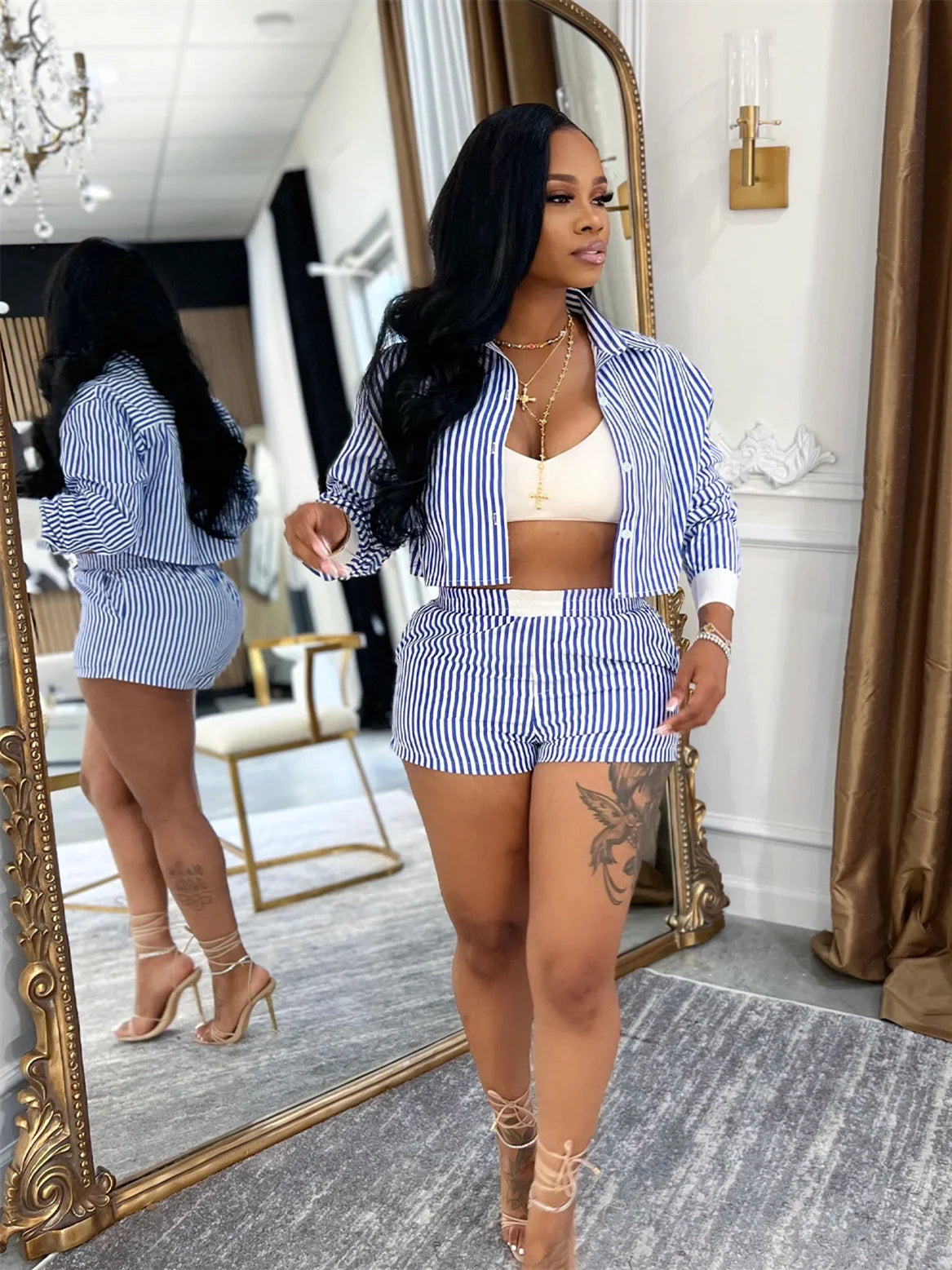 Stripe Single Button 2 Piece Set Women Elegant Patchwork Crop top+Shorts Casual Streetwear Simple Activity Outfits