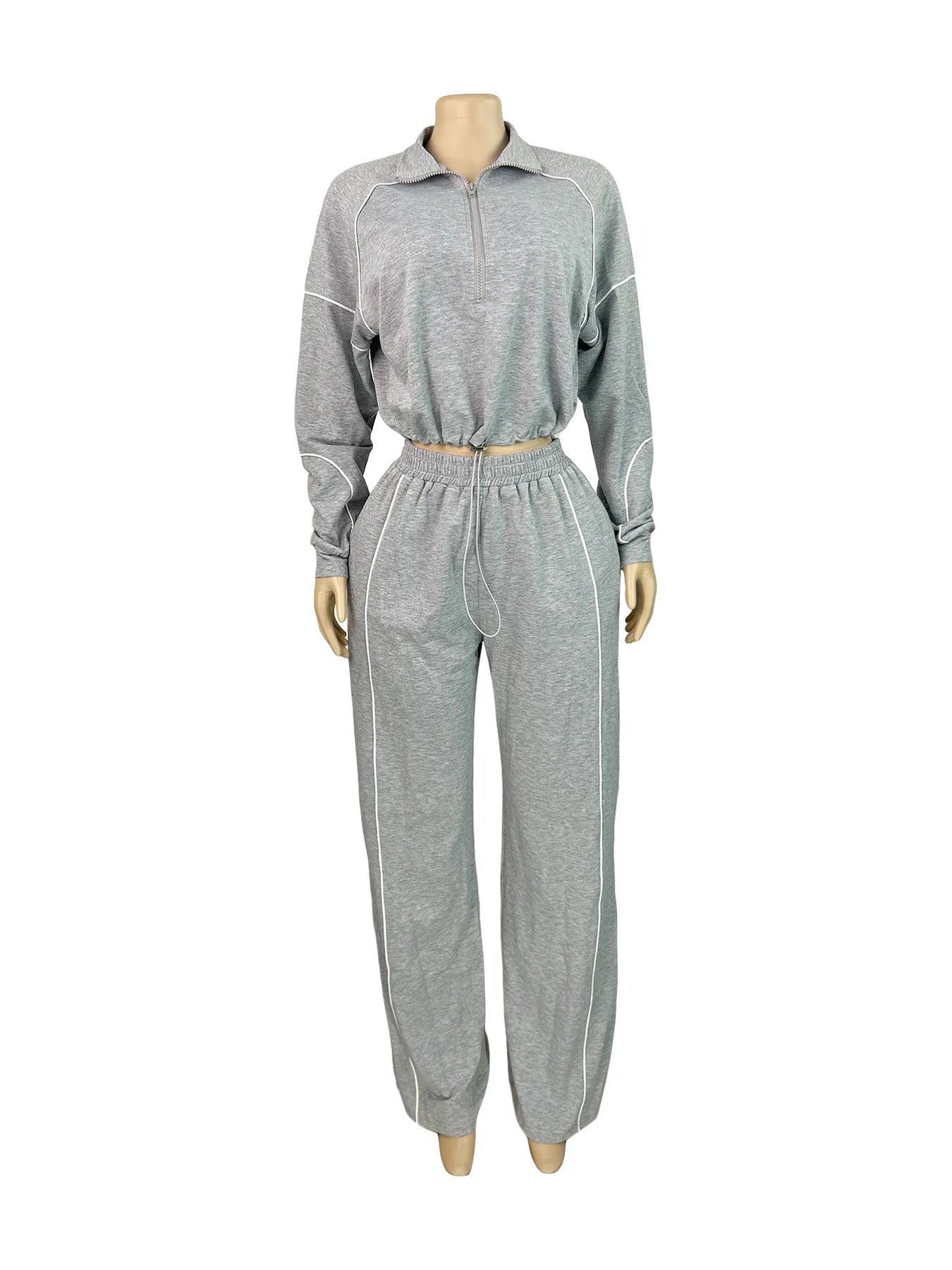 Sporty 2-Piece Set Women Zip Polo-Neck Drawstring Crop Tops+Stripe Pants Matching Simple Casual Tracksuit Streetwear