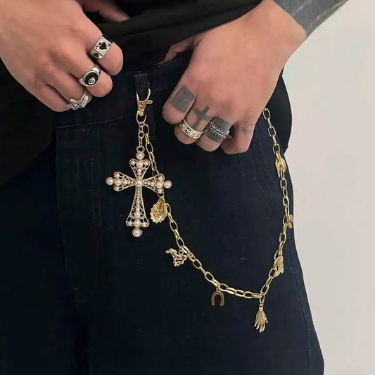 Hip Hop Cowboy Hat Boots Cross Pendant Keychains Jeans Pants Wallet Belt Bag Chain for Men Women 2025 Jewelry Gifts New