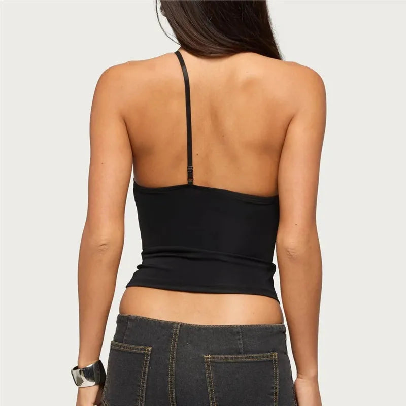 Women's Asymmetrical Halter Top Lace V-Neck Cutout Sleeveless Slim Fit Y2K Cropped Camisole for Party Night Out