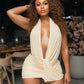 Sexy Fashion Dress Woman Halter Ruched Knot Design Deep V-Neck Backless Sleeveless Skinny Peach Buttocks Mini Bodycon