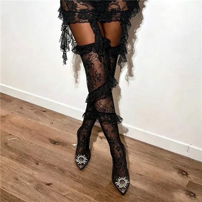 Halloween Women Floral Lace Thigh High Socks Multi Tier Ruffle Sheer Mesh Over Knee Stockings Cosplay Party Hosiery
