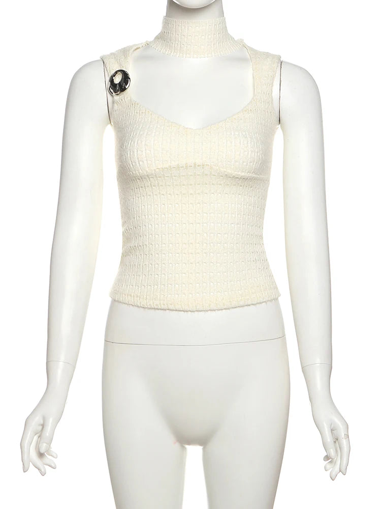 Hollow Scarf+Vests Women Low-Neck See Through Sleeveless Backless Knit Skinny Metal Trim Summer Elegant Tank Tops