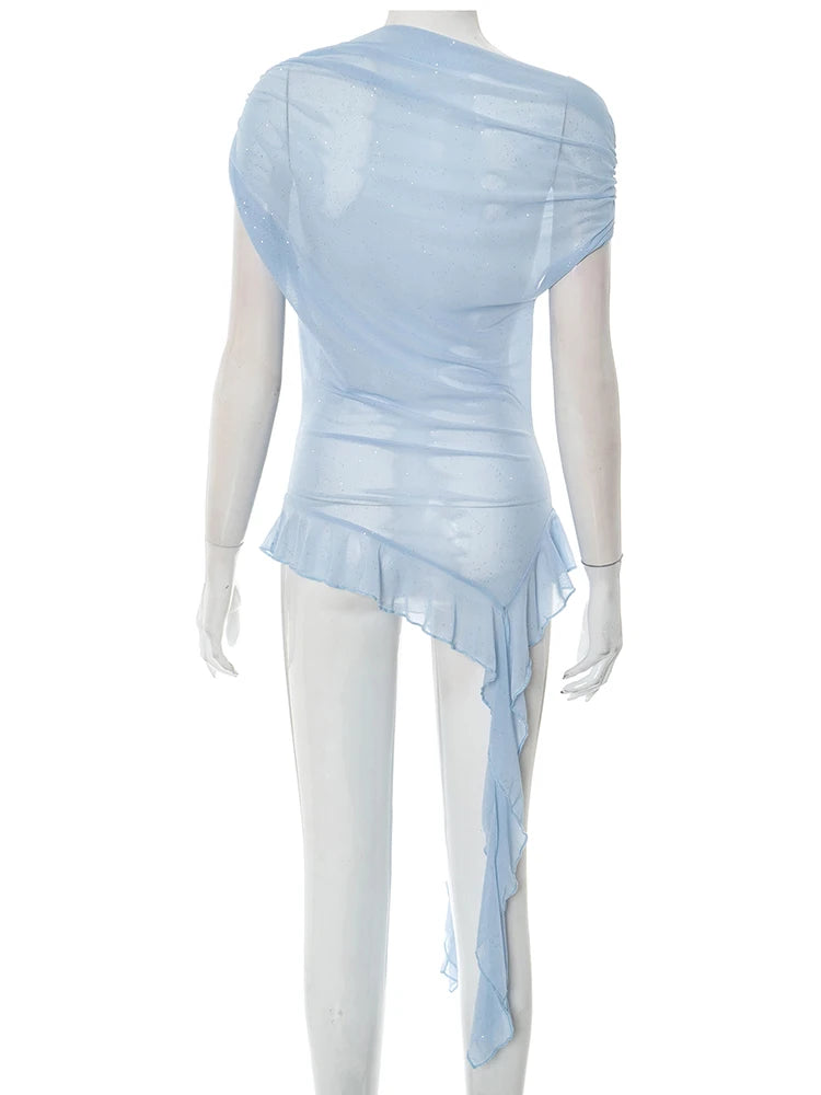 Sexy Sequins Glitter Skew Collar Crop Tops Women Irregular Ruffles Tassel Midnight Coquette Club Summer Trend Tees