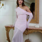 Oblique Shoulder Long Sleeve Sexy Maxi Dress For Women Fashion Mesh Backless Bodycon Ruched Club Evening Long Dress