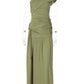Women One Shoulder Ruched Sexy Maxi Dress Elegant Sleeveless Backless Metal Buckle Waist Draped Club Party Long Dress