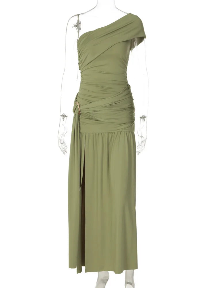 Women One Shoulder Ruched Sexy Maxi Dress Elegant Sleeveless Backless Metal Buckle Waist Draped Club Party Long Dress