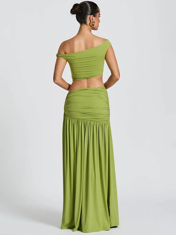 Elegant Dress Set Women Skew Collar Crop Top And Split Skirt Matching Set Fashion Backless Pleated Skirt Two Piece Set