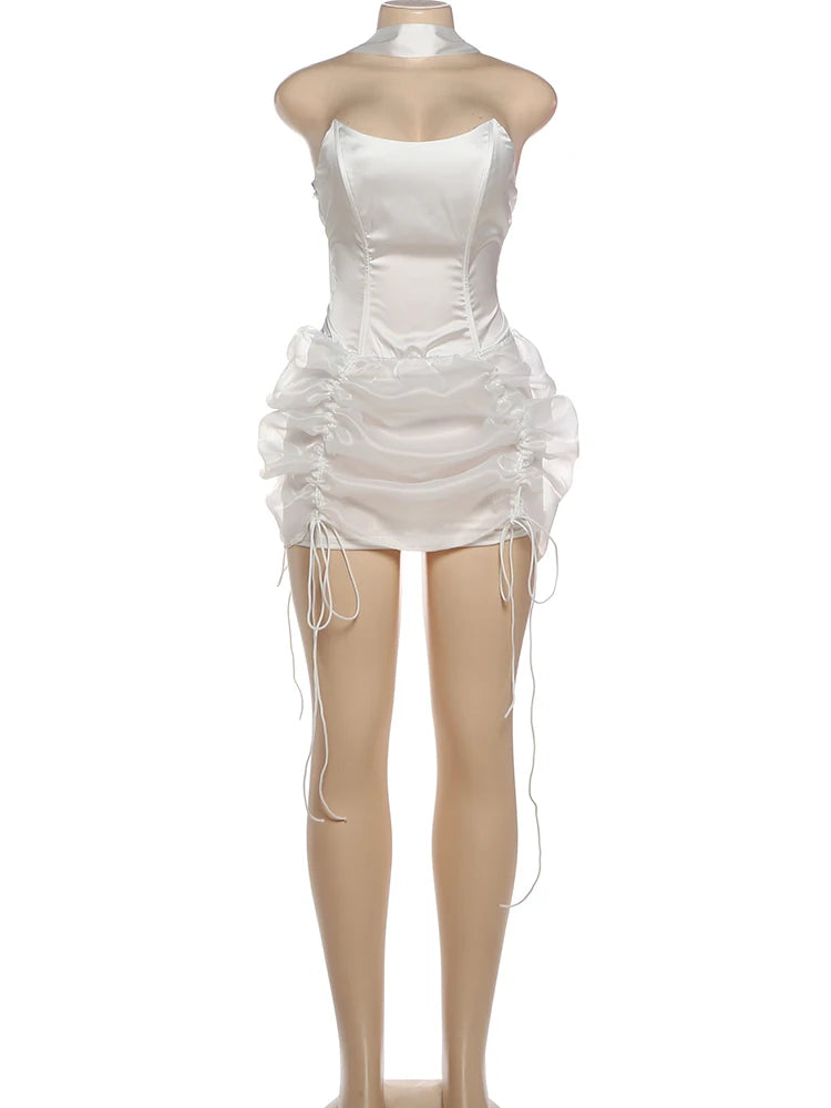 Sweet Ribbon Scarf+Dress Patchwork Mesh Folds Drawstring Flared Hem Tassel Sleeveless Fashion Birthday Party Mini Bodycon