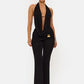 Sexy Black Two Piece Outfit for Woman Open Back Halter Top Metal Buckle Flare Pants Matching Sets Club Wear