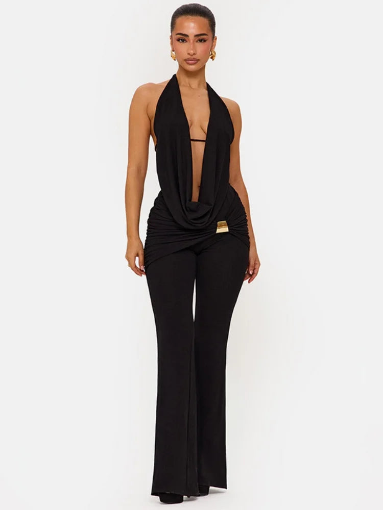 Sexy Black Two Piece Outfit for Woman Open Back Halter Top Metal Buckle Flare Pants Matching Sets Club Wear