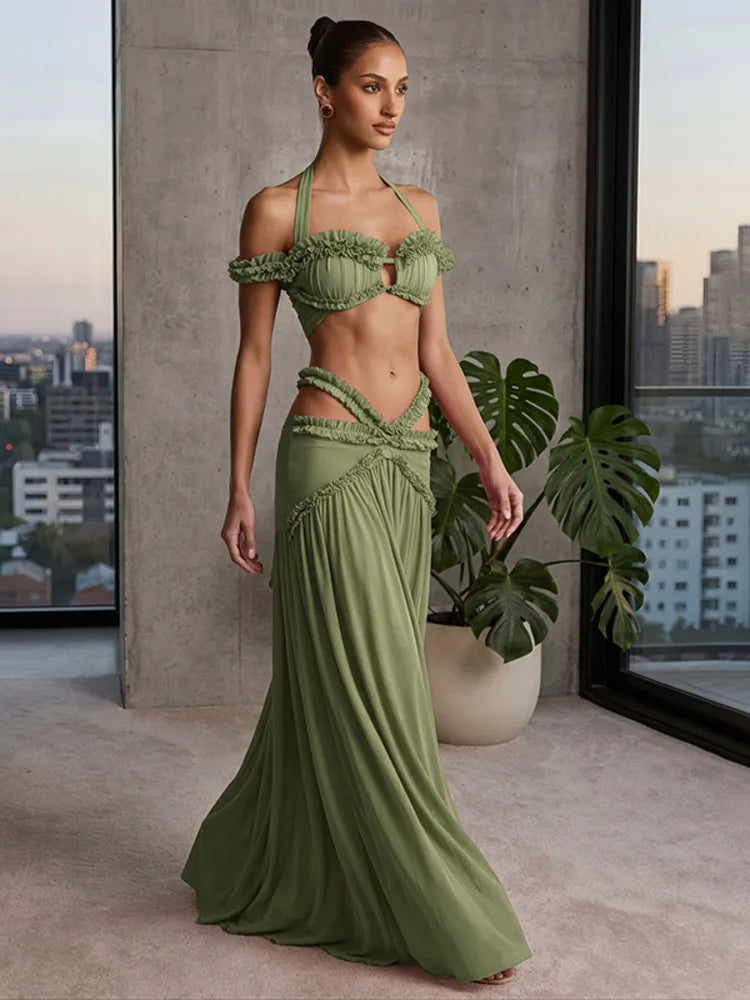 Women 2 Piece Maxi Skirt Set Halter Off Shoulder Ruffle Crop Top And Long Skirt Elegant Evening Party Matching Outfit