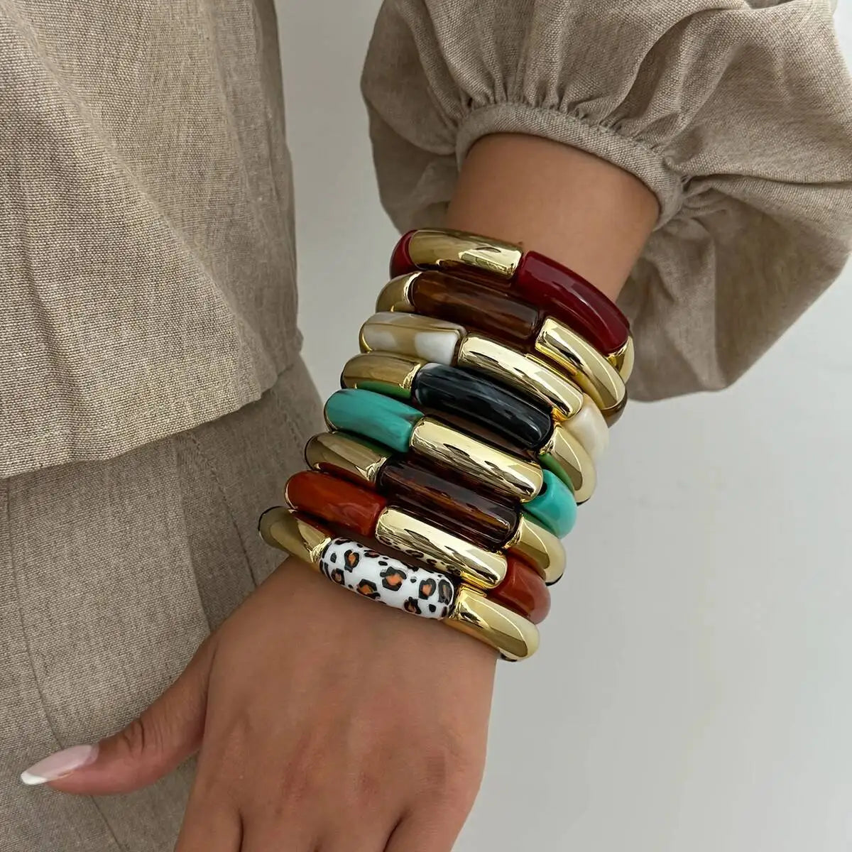 8 Styles Vintage Resin Round Tube Elastic Bracelet for Women Bohemian Stackable Acrylic Bracelet Bangle Party Jewelry New