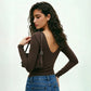 Twist-front Deep V Neck Long Sleeve Backless Top Brown White Black Slim Fitted T Shirt for Woman Fall Clothes