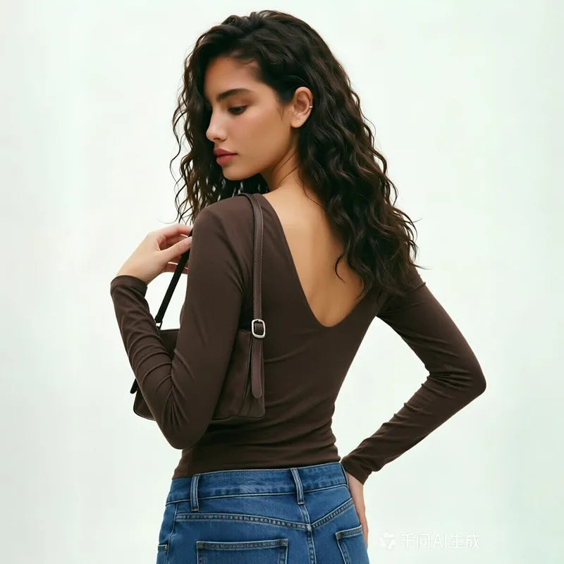 Twist-front Deep V Neck Long Sleeve Backless Top Brown White Black Slim Fitted T Shirt for Woman Fall Clothes