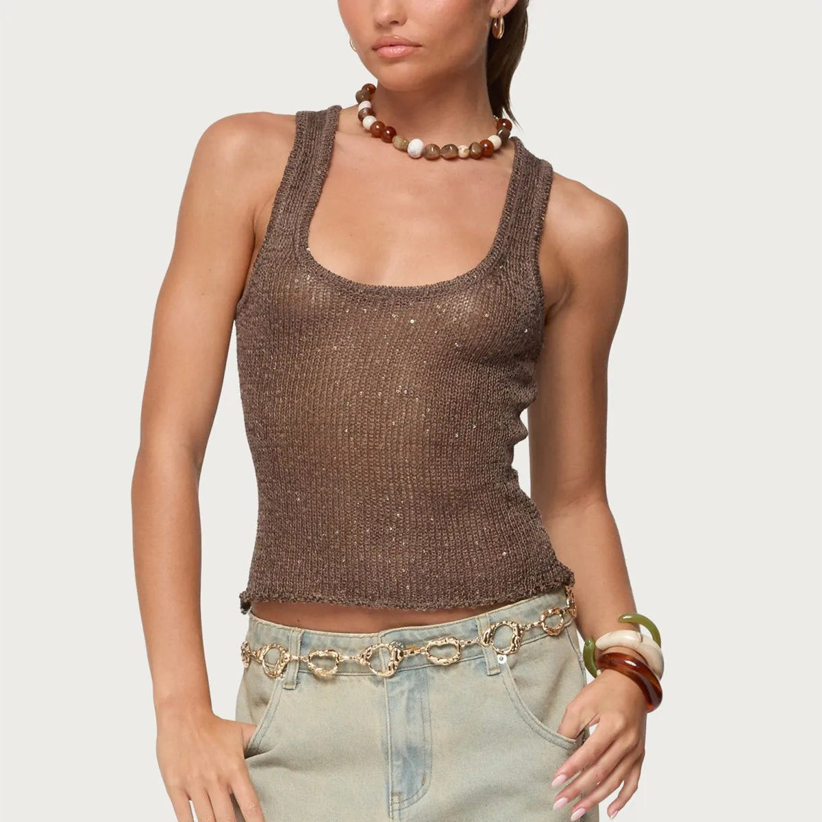 Y2K Sequin Knit Tank Top Vintage Women Square Neck Sheer See THrough Crop Top Summer Camisole Rave Party Clubwear