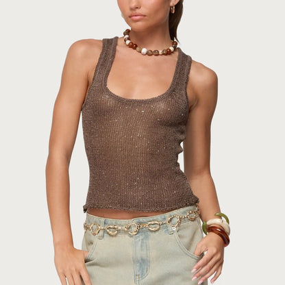 Y2K Sequin Knit Tank Top Vintage Women Square Neck Sheer See THrough Crop Top Summer Camisole Rave Party Clubwear