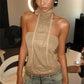 Women Rhinestone Halter Top Sleeveless Backless Tie Neck Tube Top Y2K Sparkly Mesh Patchwork Tank Top Party Clubwear