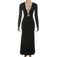 Hardwear Detail Deep V Neck Long Sleeve Maxi Dresses Red Black Party Dress Woman Elegant Fall 2025