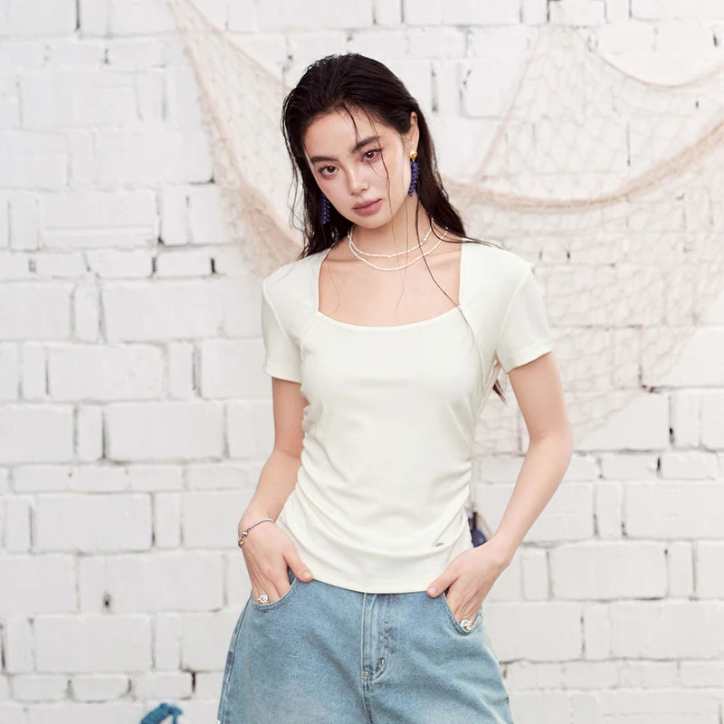 Square Neck Fitted T-Shirt, Ruched Short Sleeve Top