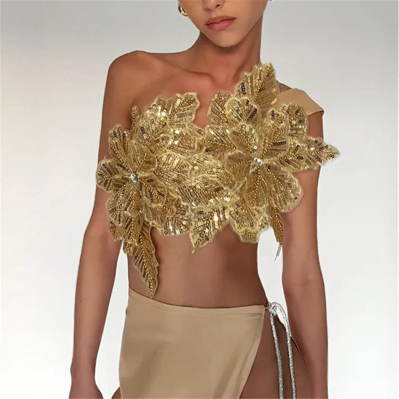 Women Sexy Beach Vacation y2k Chic Skew Collar Tank Tops Sequin Flowers Lace Up Crop Tops Summer Lady Vacation Camisole