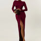 Long Sleeve Thigh High Split Sexy Maxi Dress Women Gown Elegant O Neck Draped Ruched Bodycon Club Party Long Dresses