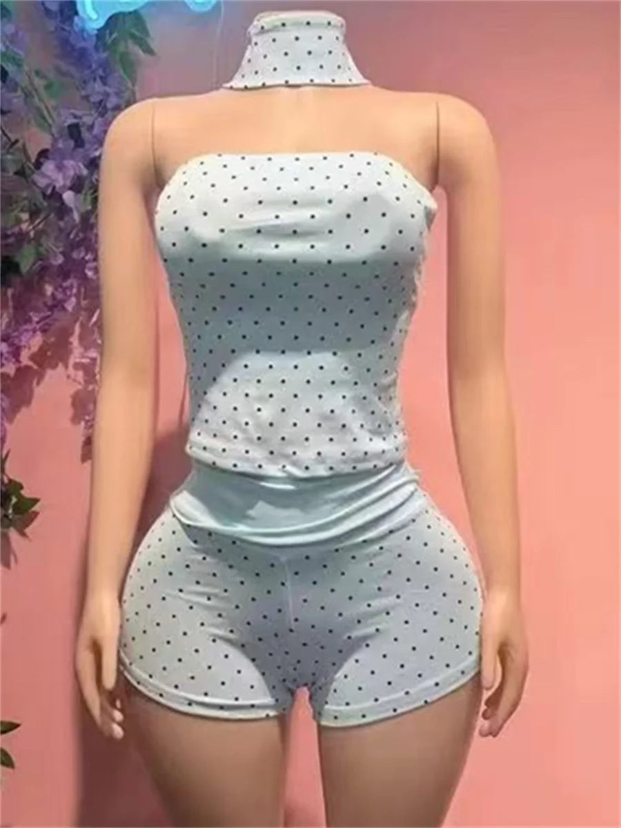 Chic Polka Dot Print 2 Piece Set Women Fashion Halter Tank Top+Patchwork Bike Short Sexy Trend Party Club Streetwear