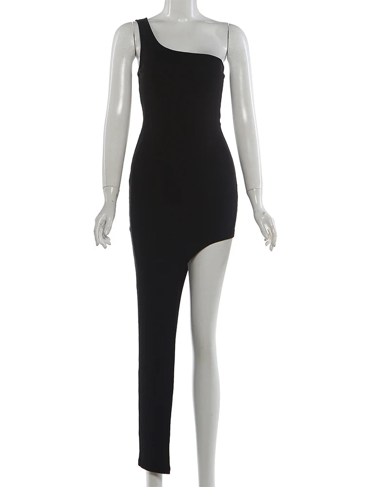 One-Shoulder Sleeveless Asymmetrical Hem Dress Women Solid Skinny Classic Sexy Midnight Hottie Summer Fashion Bodycon