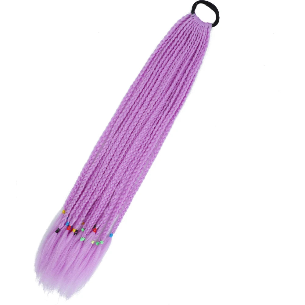 Synthetic 24inch Girls Colored Box Braided Ponytail With Elastic Rubber Band Hair Extensions Rainbow Color Box Pigtail Hairpiece
