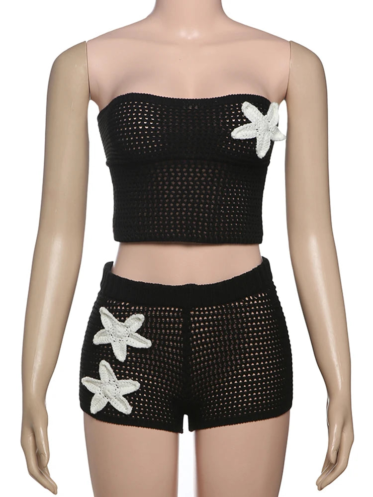 Crochet Women 2 Piece Set Sexy Applique Hollow Beach Back Bandage Strapless Tops+Shorts Midnight Vacation Clubwear