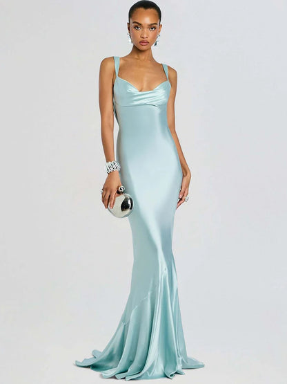 Women Mermaid Sexy Maxi Evening Dress Spaghetti Strap Cowl Neck Backless Formal Wedding Guest Prom Party Long Dress