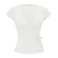 Ladies Surplice Wrap V‑Neck Short Cap Sleeve T‑Shirt Side Tie Knot Fitted Cropped Top Solid Color Casual Daily Blouse
