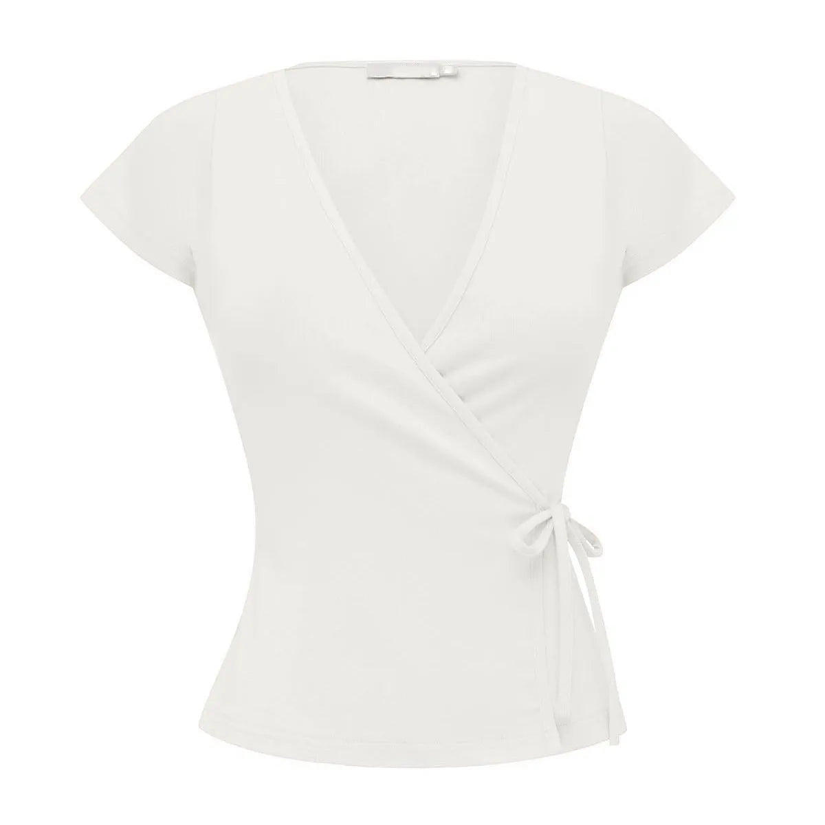 Ladies Surplice Wrap V‑Neck Short Cap Sleeve T‑Shirt Side Tie Knot Fitted Cropped Top Solid Color Casual Daily Blouse