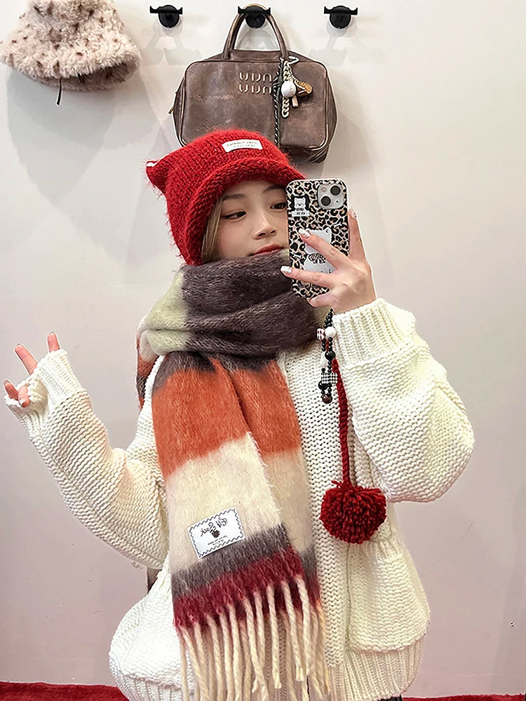 Retro Plaid Striped Plush Scarf for Women