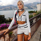 Black and White Patchwork 2 Piece Sets Women Outfit Elegant Old Money Style Zip Up Long Sleeve Top and Shorts