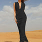 Deep V Neck Sleeveless Sexy Maxi Dress Women Elegant Draped Ruched Back Split Bodycon Club Party Long Dress Female