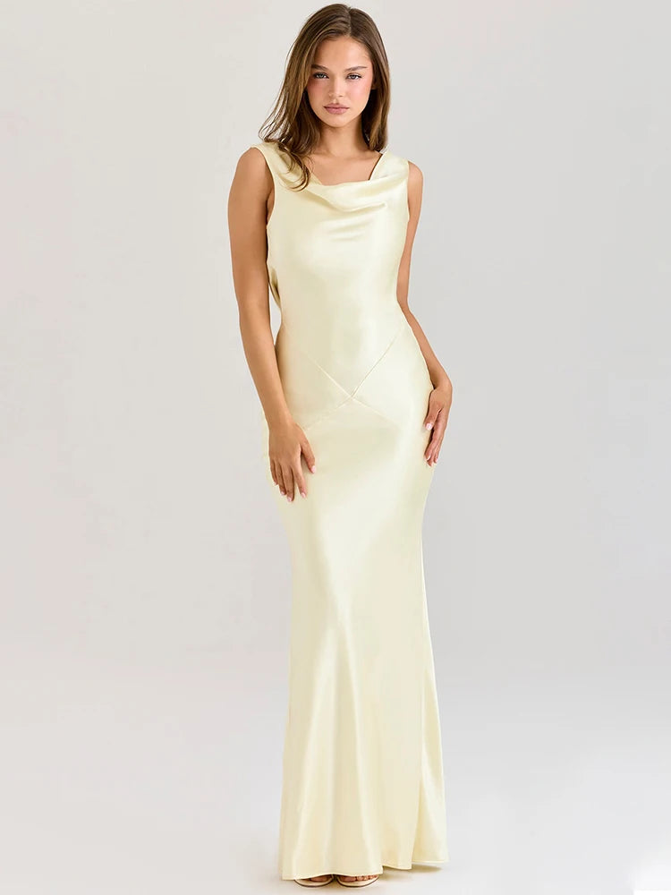 Satin Backless Draped Sexy Maxi Dress Women Fashion Cowl Neck Sleeveless High Waist Club Party Long Dress Female New