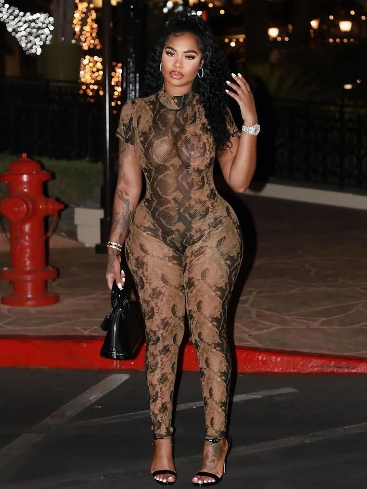 Serpentine Jumpsuit Women See Through Backless Short Sleeve Sexy Fit Summer Workout Overalls Stretch Button Clubwear