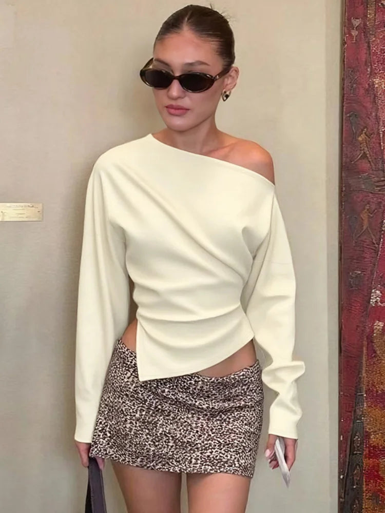 Fashion Asymmetrical Tops Solid Color One Shoulder Split Long Sleeve T Shirts for Woman Clothing Fall 2025