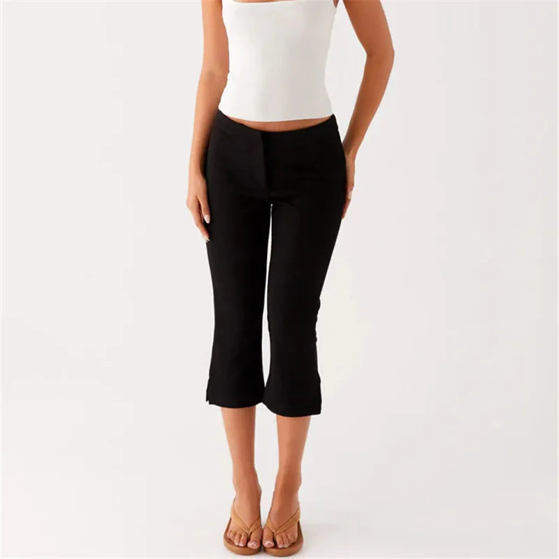 Women's Spring Summer Capri Pants Casual Low Waist Solid Color/Dot Print Slim Fit Cropped Trousers Fashion Streetwear