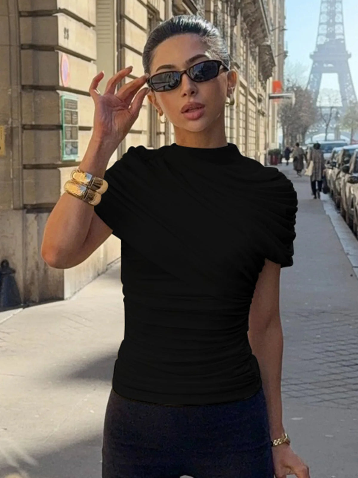 Fashion Asymmetric Ruched Top Women T Shirts White Black Summer Clothing 2026