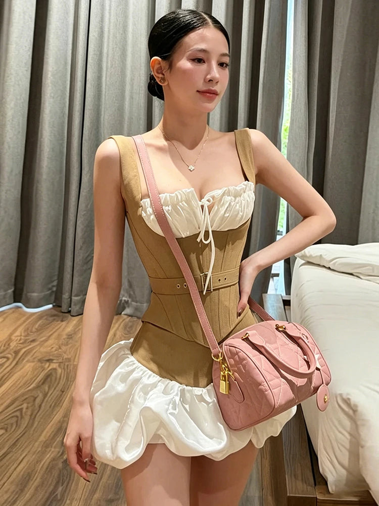 Patchwork 2-Piece Set Women Bandage Low-Neck Fake Fish Bone Belt Decoration Vest+Puffy Hem Skirt Fashion Sweet Suit