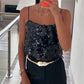 Sequins Cami Crop Top Spaghetti Strap Lace Hem Sparkly Camisole for Music Festival Beach Vacation Boho Party Outfits