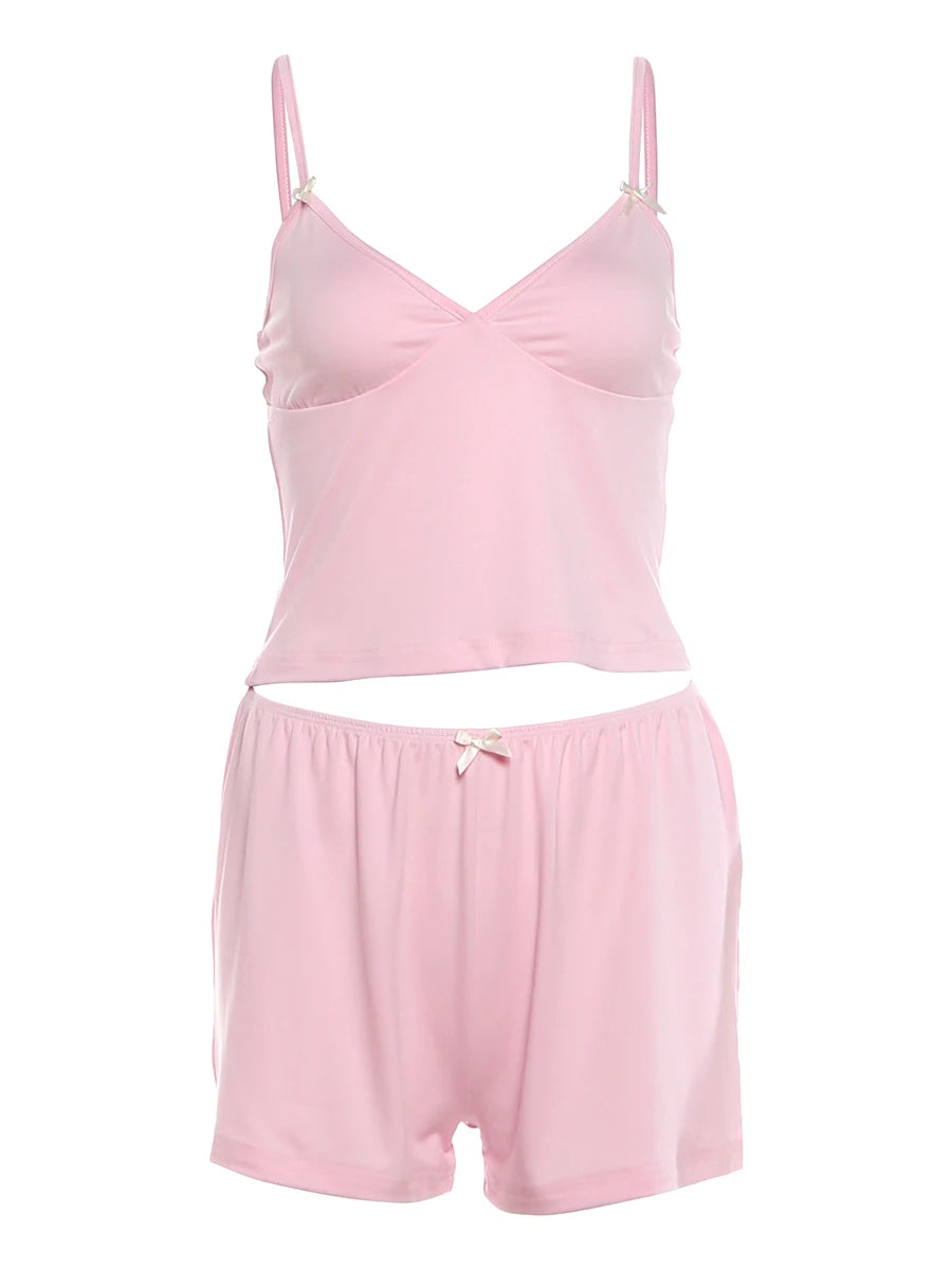 Sporty Streetwear Women Trend Simple 2-Piece Set Trend Fashion Bow Appliques Low Chest Camisole+Shorts Hottie Suits