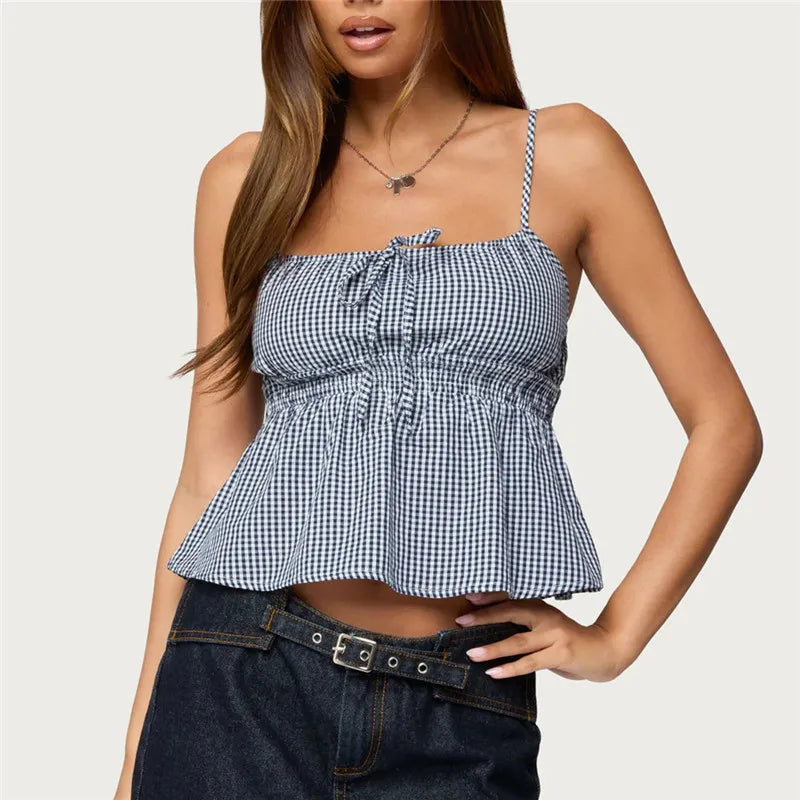 Summer Gingham Cami Top for Women Sexy Tie Front Ruffle Hem Sleeveless Peplum Blouse Casual Spaghetti Strap Top