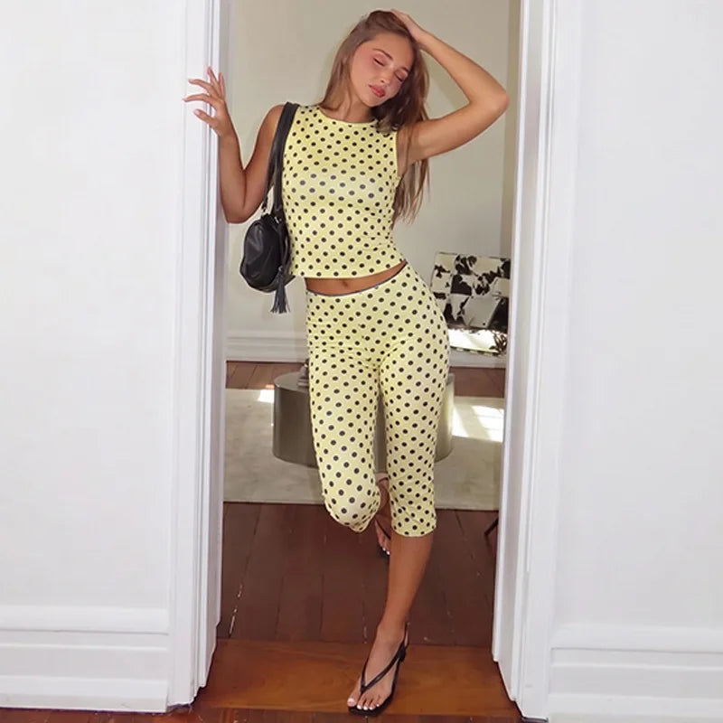 Summer Vacation Women Polka Dot Two Piece Matching Set Sleeveless Cropped Tank Top High Waist Capri Leggings Streetwear