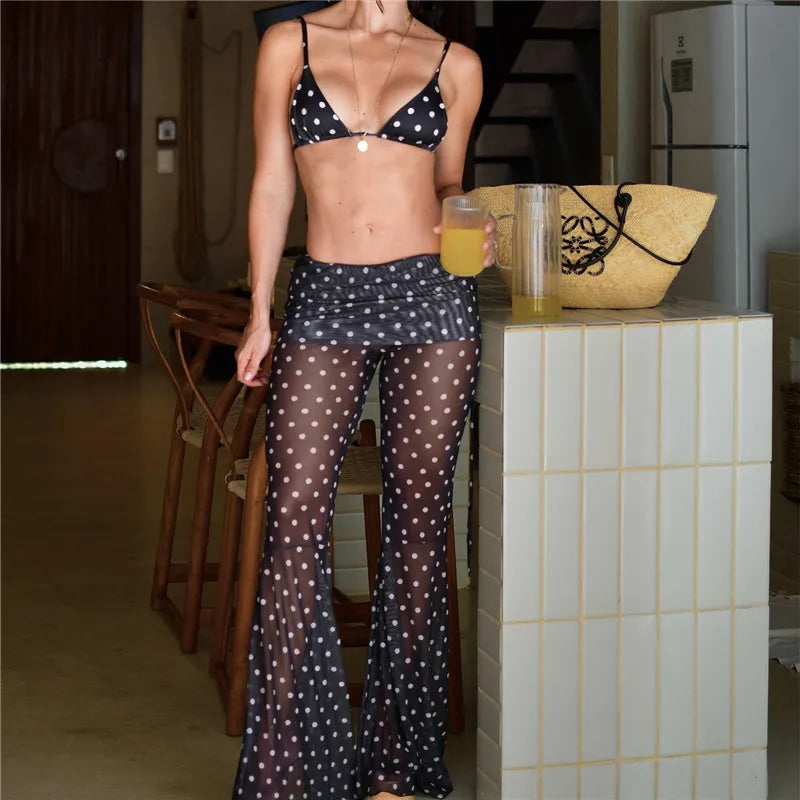 Womens 4 Piece Polka Dot Bikini Set Sheer Mesh Flare Pants Headband Triangle Swimsuit Beach Cover Up for Summer Vacation